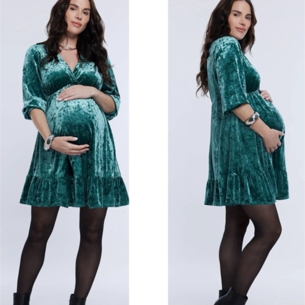 Motherhood Babydoll Green Crushed Velvet Empire Waist Dress Size XL